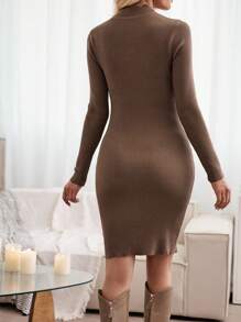 GENKIRA Cắt ra phía trước Cổ giả Váy len bó sát - màu nâu - Xem 2