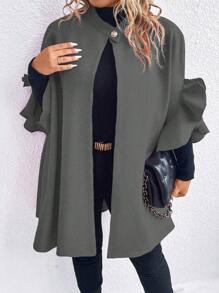 SHEIN Clasi Abrigo Gris De Talla Grande Con Diseño De Botón Y Mangas De Encaje - Gris Oscuro - Ver 5