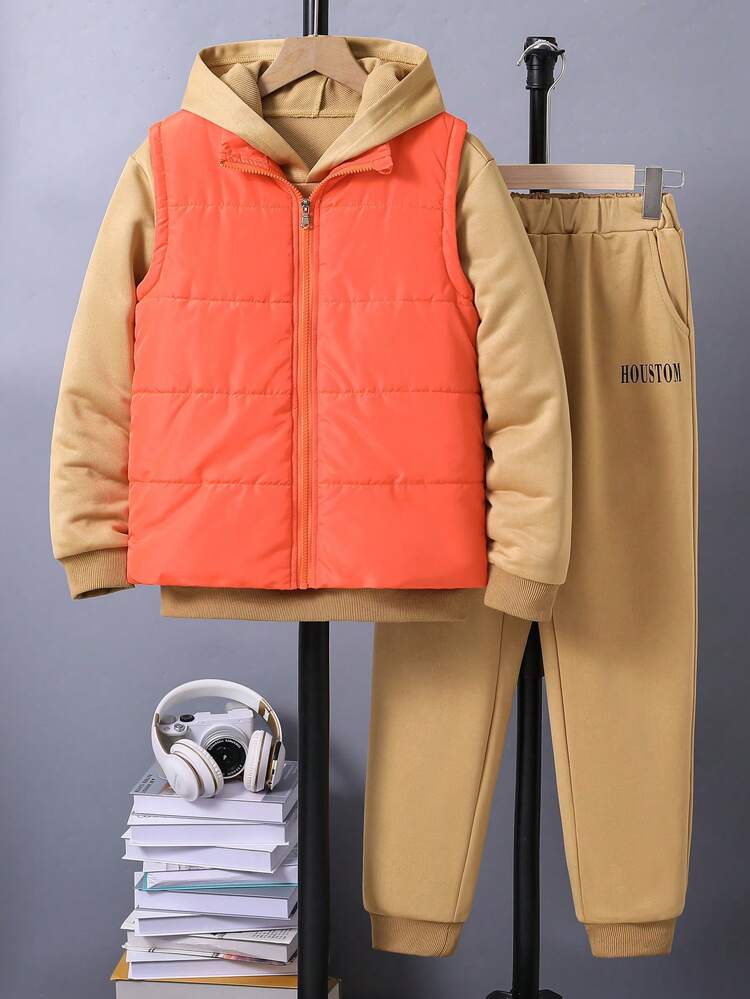 3pcs/set Teen Boys' Simple Letter Printed Hoodie, Pants And Vest Set