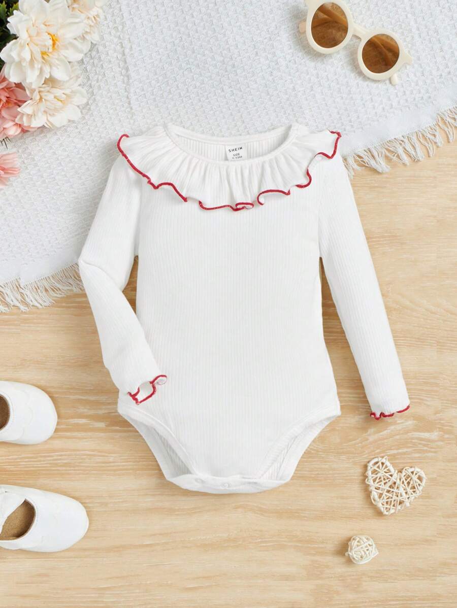 SHEIN Bebé niña Body ribete con fruncido unido en contraste - Blanco - Ver 1
