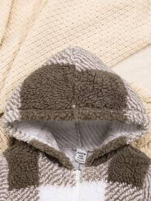 SHEIN Baby Girl Buffalo Plaid Pattern Hooded Teddy Jumpsuit - Khaki - View 4