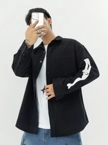 Manfinity Roghcode Camisa De Mezclilla Con Estampado De Esqueleto Suelta Para Hombres