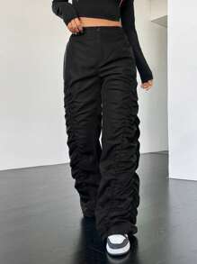 SHEIN Coolane Women's Pleated Wide Leg Trousers - Black - View 2