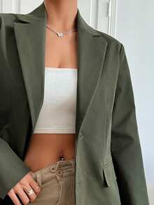 SHEIN EZwear Cổ áo Chi tiết về Flap Nút đơn Áo vest - màu xanh lá - Xem 8
