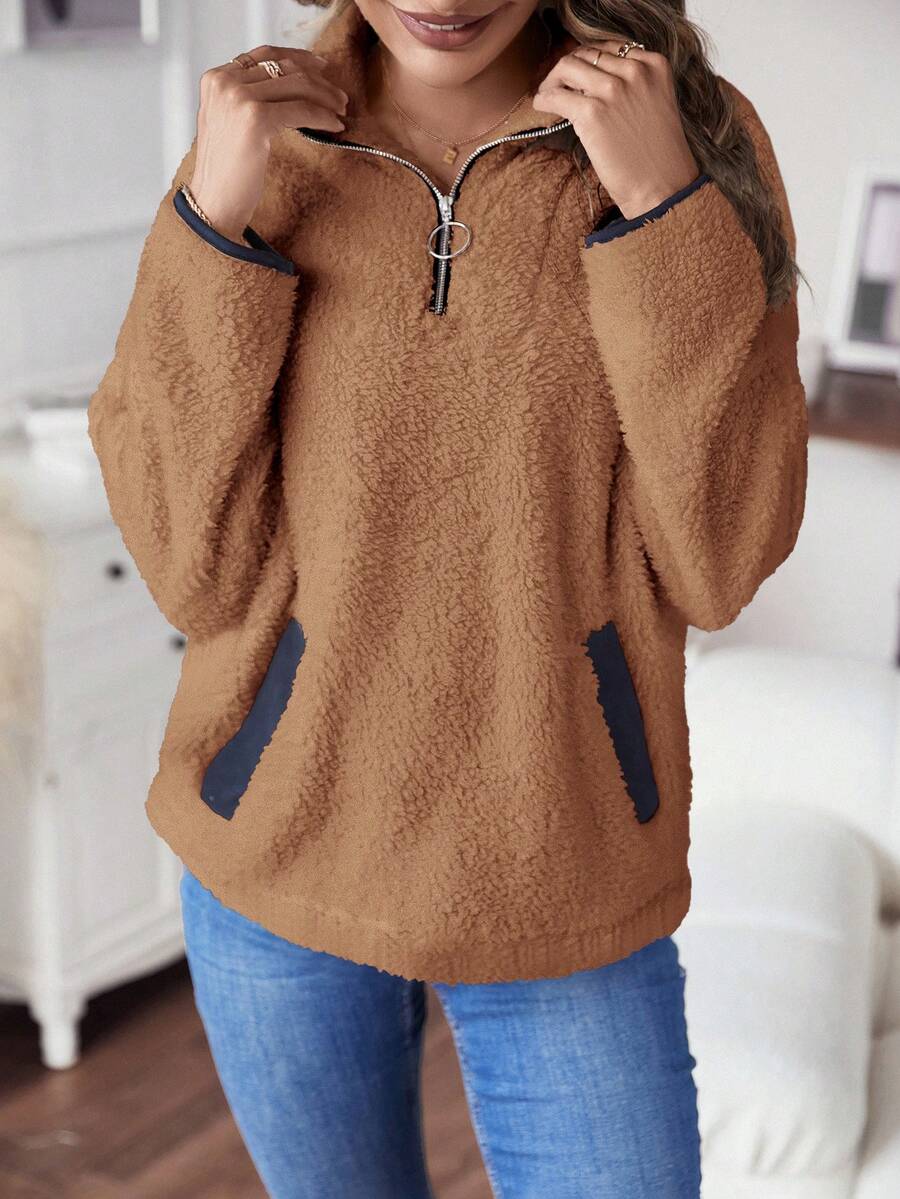 SHEIN LUNE 撞色滾邊半拉鏈法蘭絨運動衫 - 卡其色 - 查看 1