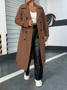 Flirla Hơn Cổ áo Đôi ngực Thắt lưng Áo khoác Trench - Cà phê nâu - Xem 3