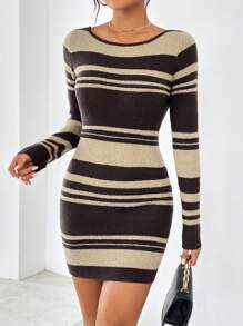 SHEIN Essnce Striped Pattern Tie Backless Sweater Dress - Khaki - View 5