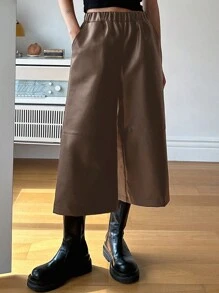 Dazy Star High Waist Slant Pocket PU Leather Wide Leg Pants - Brown - View 3