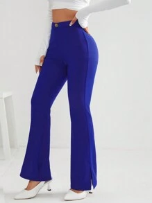 SHEIN PETITE High Waist Flare Leg Pants - Royal Blue - View 5