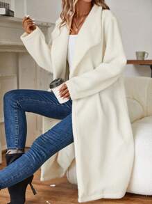 SHEIN Clasi 大翻領雙排釦絨毛外套 - 白色 - 查看 6