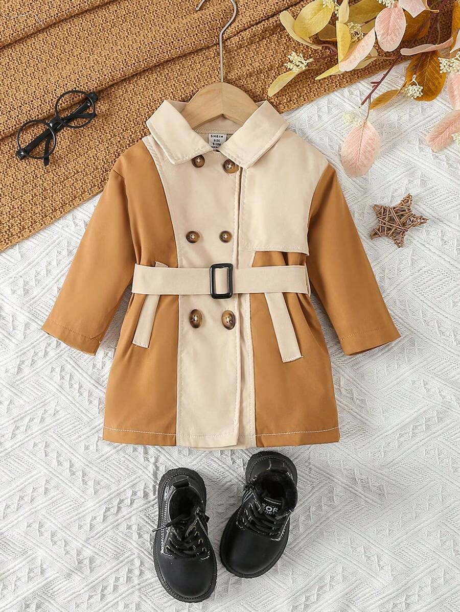 SHEIN Baby Boy Two Tone Double Breasted Belted Trench Coat