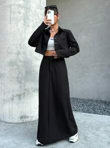 SHEIN EZwear 女士純色西裝外套和裙子套裝 - 黑色 - 查看 3