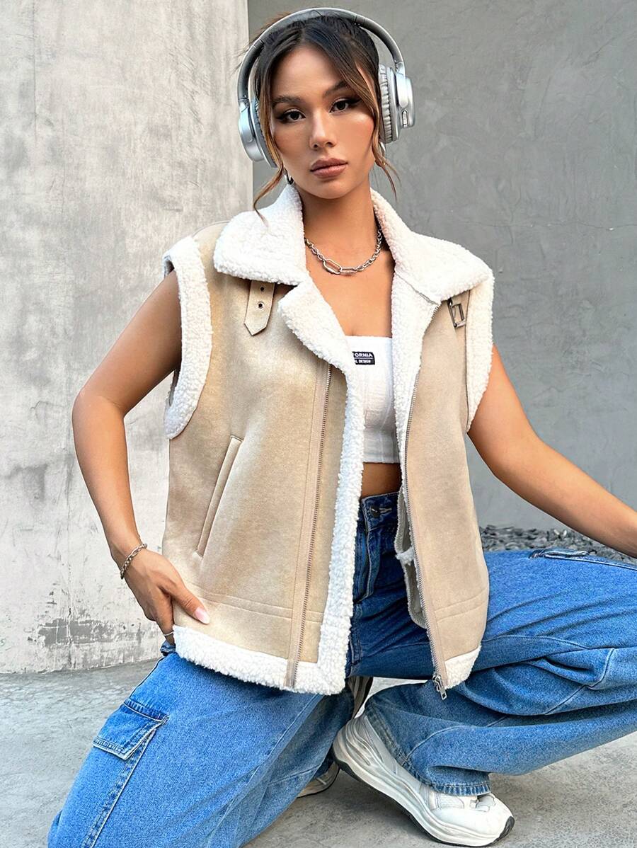 SHEIN EZwear 秋冬泰迪衬里拉链背心绒面革夹克 - 杏色 - 查看 1