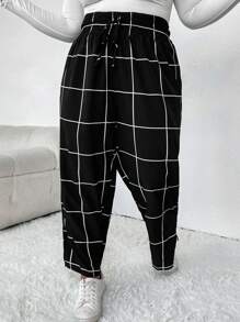 SHEIN CURVE+ 加格子印花紙袋腰帶前褲 - 黑色 - 查看 1