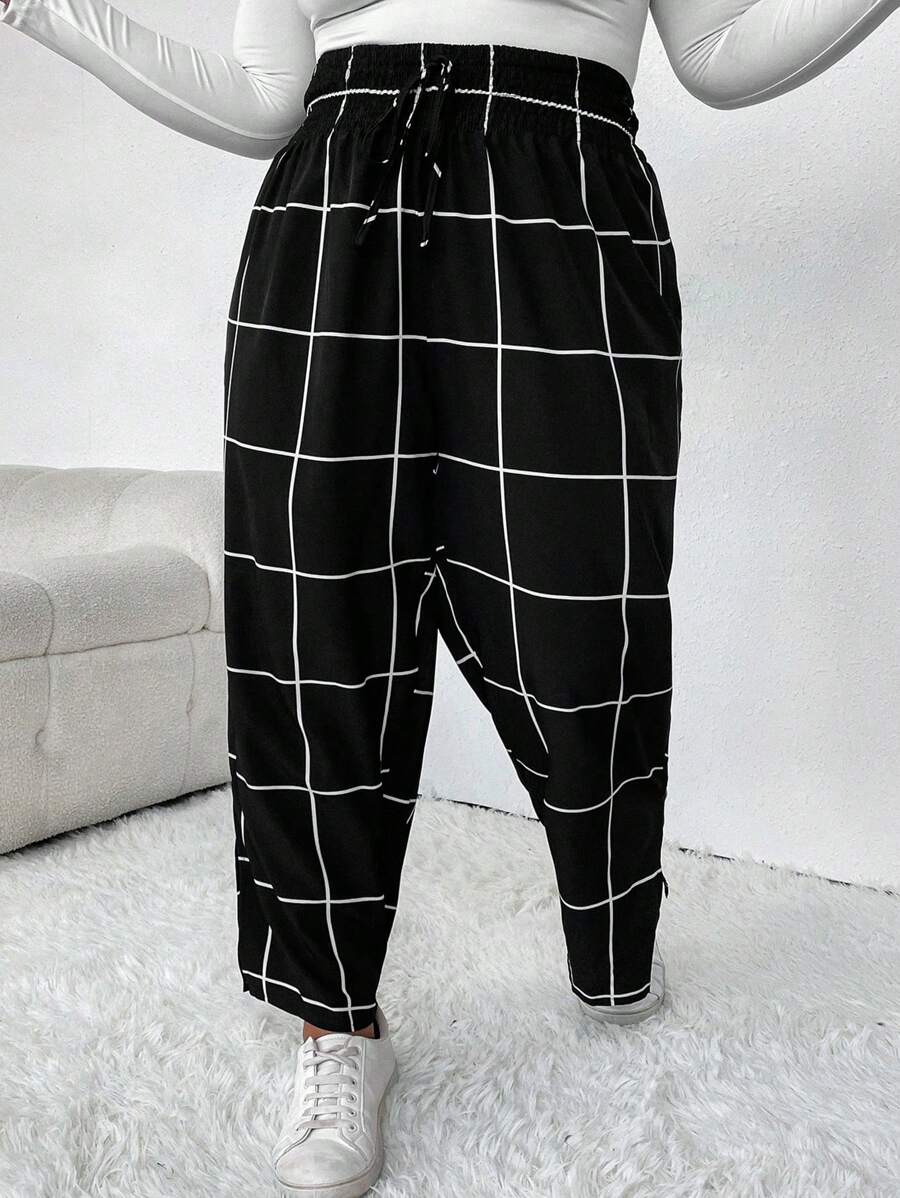 SHEIN CURVE+ 加格子印花紙袋腰帶前褲 - 黑色 - 查看 1