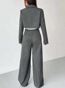 SHEIN EZwear 秋冬季翻领短款西装外套搭配阔腿西装裤和抹胸上衣 - 深灰色 - 查看 2