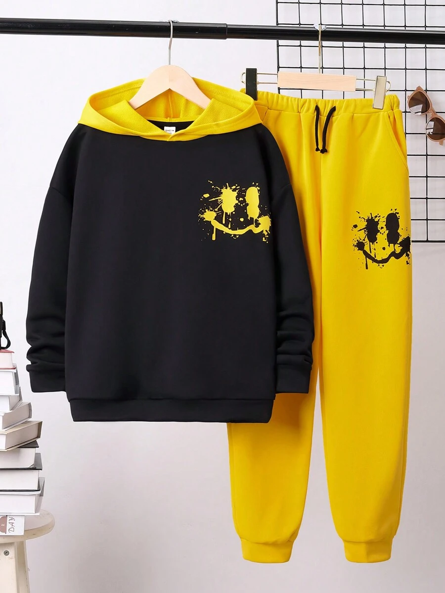 Tween Boy Expression Print Two Tone Hoodie & Drawstring Waist Sweatpants - Multicolor - View 1