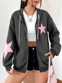 Comfortcana Áo hoodie có dây rút, vai khoét hình ngôi sao, tốt nghiệp, trang phục trở lại trường, tốt nghiệp, trang phục giáo viên dành cho nữ, trở lại trường vào mùa thu/đông - Xám - Xem 7