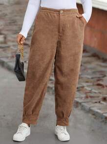 SHEIN LUNE Plus Slant Pocket Corduroy Pants - Coffee Brown - View 3