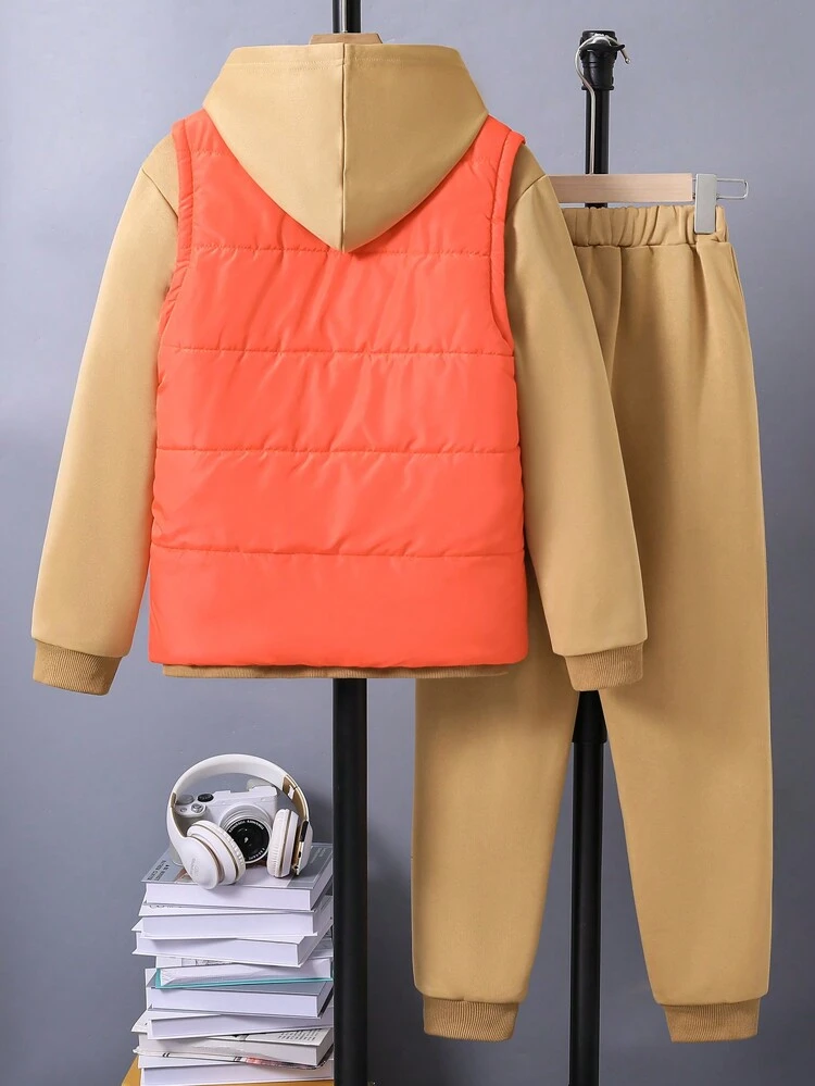 3pcs/set Teen Boys' Simple Letter Printed Hoodie, Pants And Vest Set