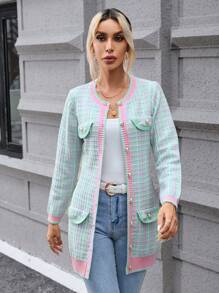 SHEIN Privé Cárdigan con patrón de cuadros con diseño de solapa con botón delantero - Multicolor - Ver 1