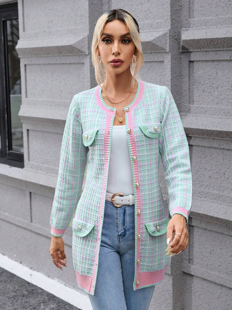 SHEIN Privé Cárdigan con patrón de cuadros con diseño de solapa con botón delantero - Multicolor - Ver 1