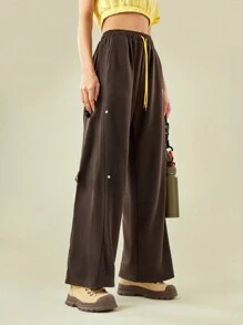 In My Nature Letter Graphic Drawstring Waist Outdoor Sweatpants - Coffee Brown - View 8