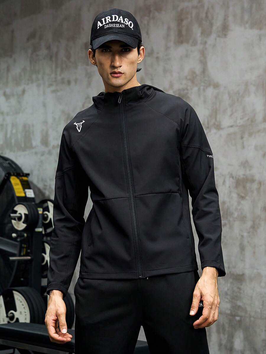 Manfinity Sport Corelite 男式牛头印花拉链连帽运动夹克健身上衣运动夹克 - 黑色 - 查看 1