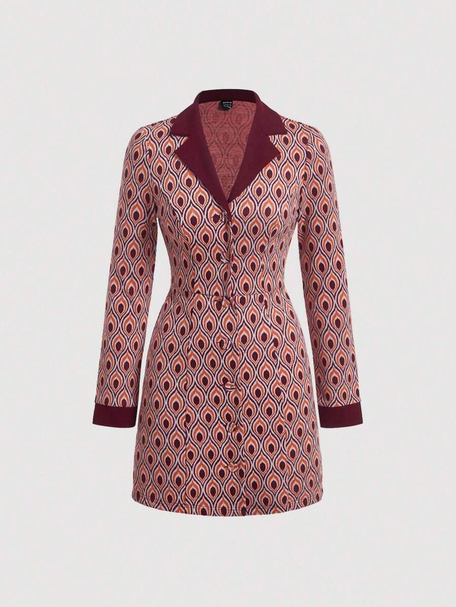 SHEIN MOD Đầm dài tay cổ ve in họa tiết địa lý toàn thân - màu nâu - Xem 1