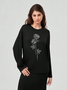 Forever 21 女款長袖玫瑰印花t恤