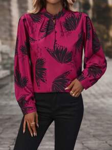 EMERY ROSE Butterfly Print Mock Neck Blouse - Purple - View 1