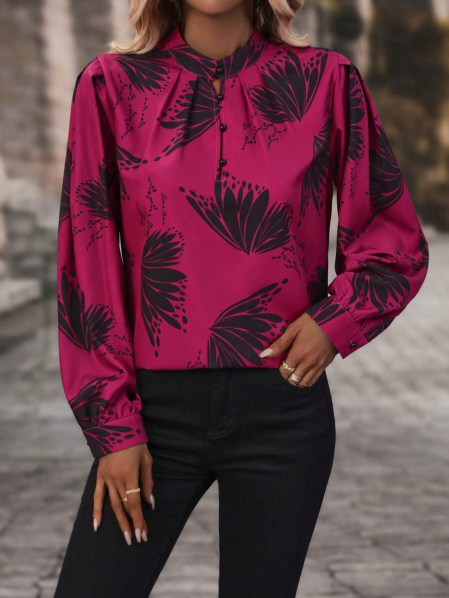 EMERY ROSE Butterfly Print Mock Neck Blouse - Purple - View 1