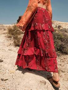 Bohemela 佩斯利印花荷葉邊半身裙 - 紅色 - 查看 2