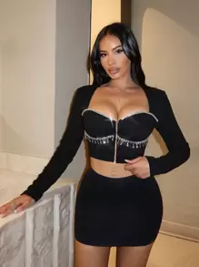 SHEIN SXY Rhinestone Detail Hook And Eye Crop Jacket - Black - View 5