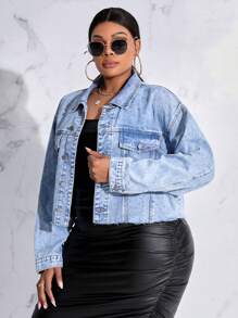 SHEIN LUNE Plus Drop Shoulder Raw Hem Denim Jacket - Light Wash - View 3