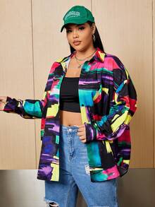 SHEIN EZwear Của phụ nữ Kích thước lớn Áo sơ mi Với Thả vai Và In Tất cả - Đen và trắng - Xem 6