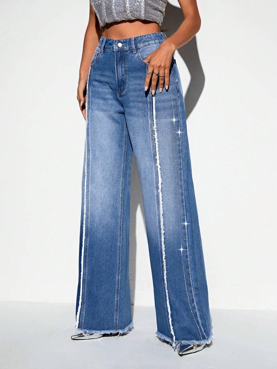 SHEIN BAE Raw Trim Wide Leg Jeans - Light Wash - View 1