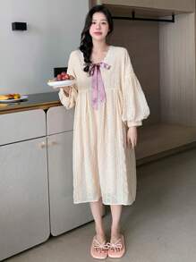 DAZY Chất rắn Cà vạt Tay áo Đèn lồng áo choàng Váy ngủ - Màu be - Xem 7