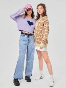 Forever 21 1pc Heart Pattern Drop Shoulder Sweater