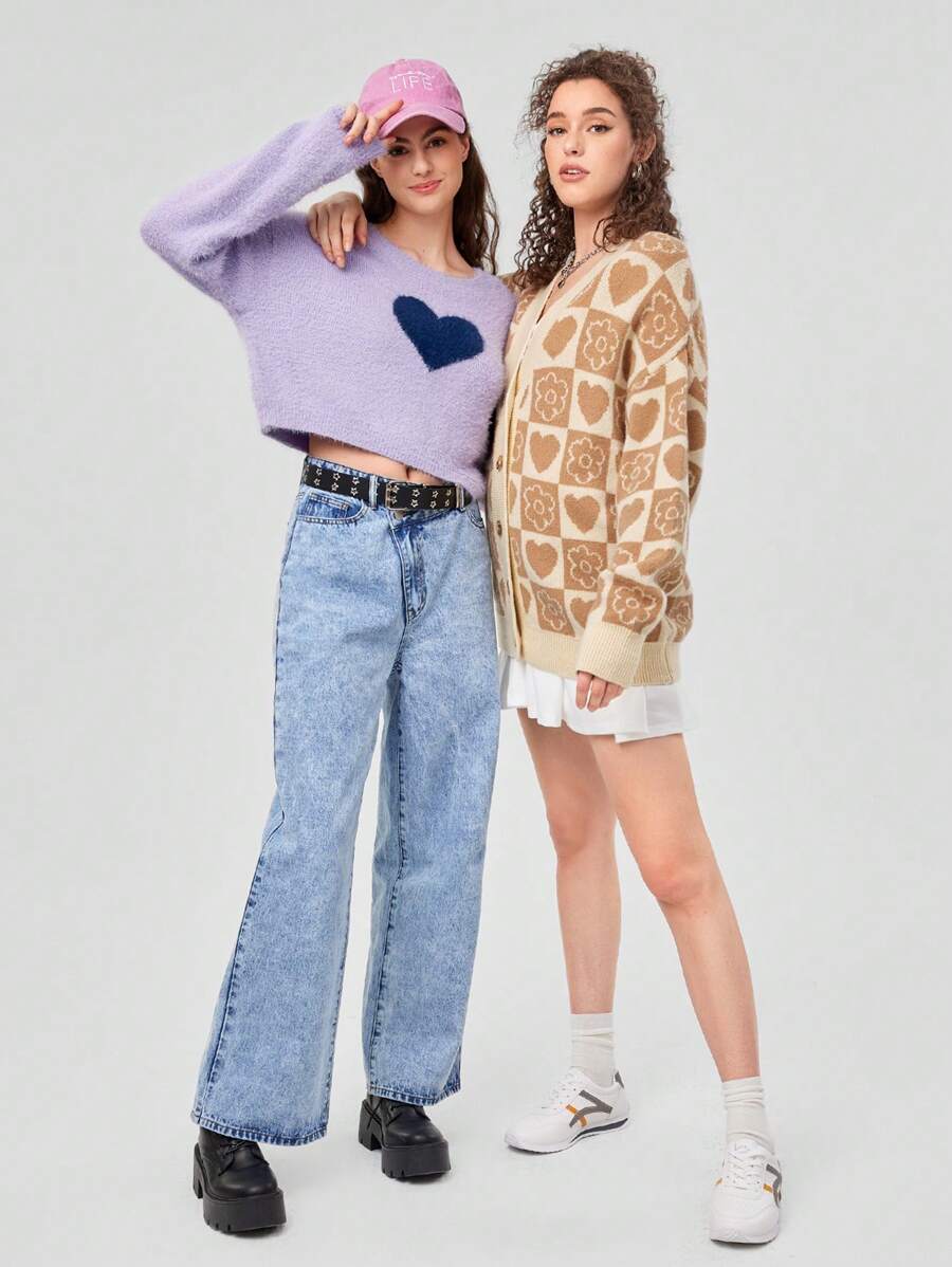 Forever 21 1pc Heart Pattern Drop Shoulder Sweater