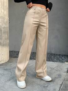 SHEIN Coolane 高腰接縫細節直筒褲 - 杏色 - 查看 4