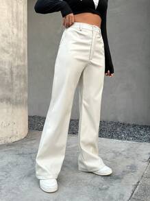 SHEIN EZwear Solid Wide Leg PU Leather Pants - Beige - View 3