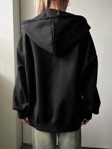 DAZY Solid Drop Shoulder Zip Up Hoodie,Fall Women Clothes Sweatshirt Jacket - Black - View 2