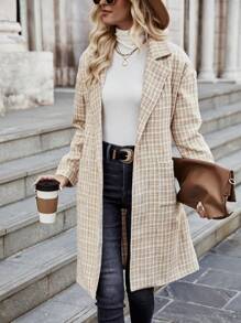 SHEIN LUNE Plaid Dual Pocket Drop Shoulder Tweed Overcoat Fall Cloth For Women - Khaki - View 3