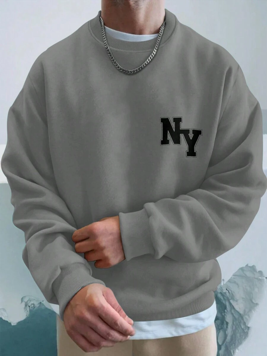 EURMUSE Men's Letter Printed Round Neck Sweatshirt - Grey - View 1