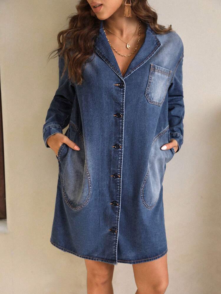 Lapel Neck Drop Shoulder Slant Pocket Denim Dress