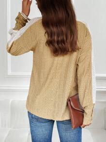 SHEIN LUNE Contrast Lace Raglan Sleeve Eyelet Embroidery Tee