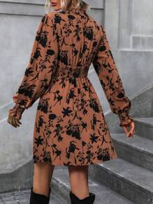 EMERY ROSE 印花荷葉袖A字洋裝 - 棕色 - 查看 2