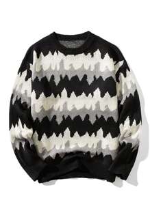 男士撞色落肩袖套頭毛衣 - 黑色 - 查看 1