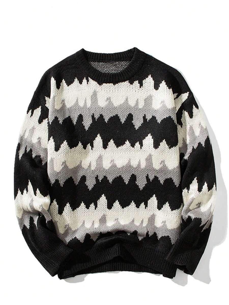 男士撞色落肩袖套頭毛衣 - 黑色 - 查看 1